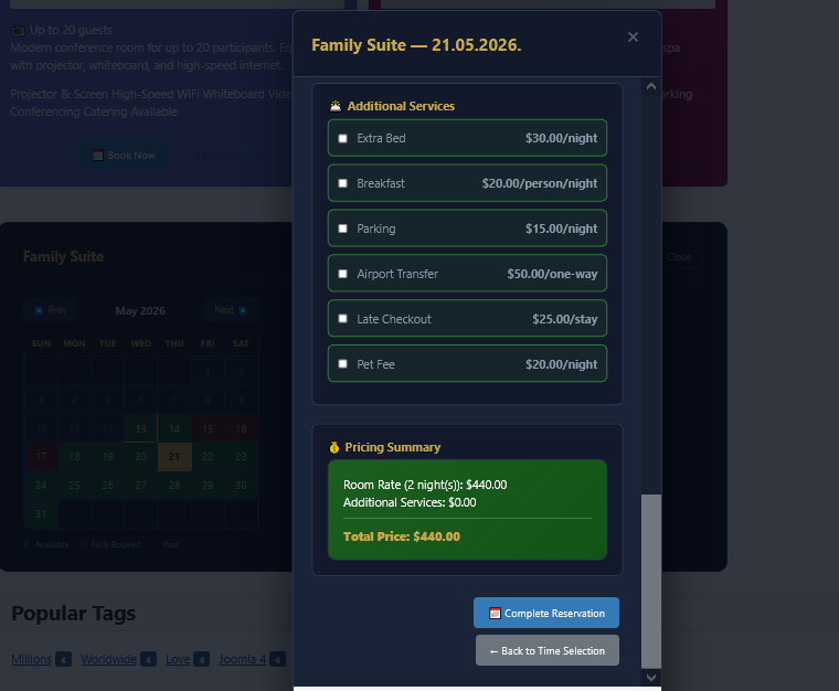 Booking form — services and pricing summary