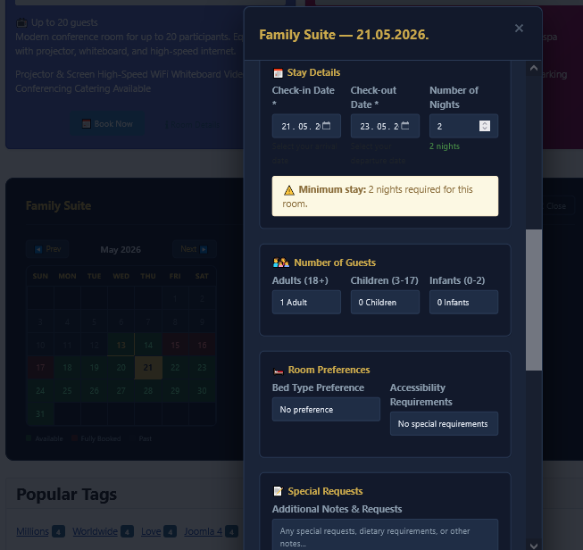 Booking form — stay details