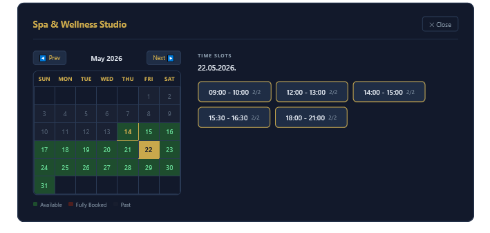 Anima display mode — inline calendar with timeslot pills