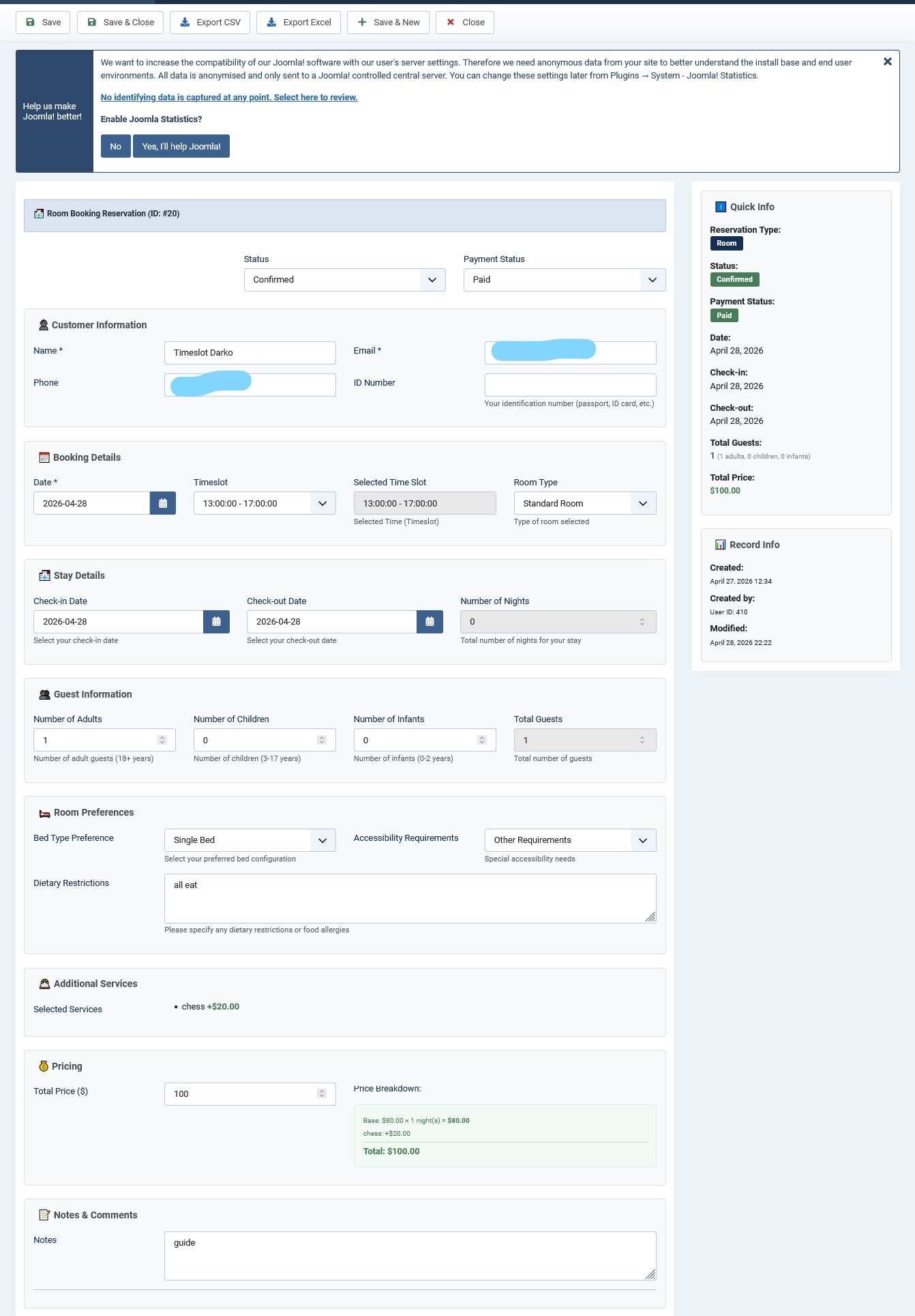 Edit reservation admin form