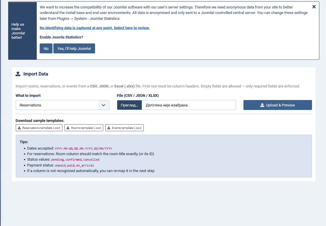 Import Data interface